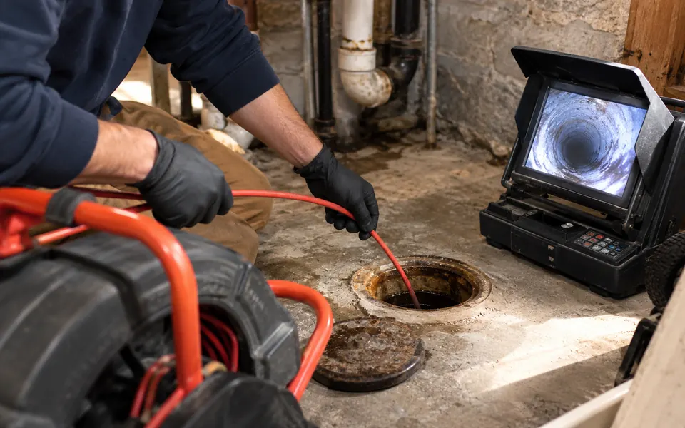 Leak detection Aurora IL tech running a sewer camera in an older home near the Fox River