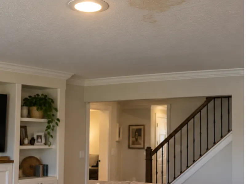 Ceiling stain in Wesmere Plainfield family room below second floor bath