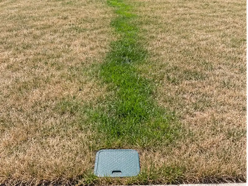 Soggy yard strip in Grande Park Plainfield indicating underground water service line leak