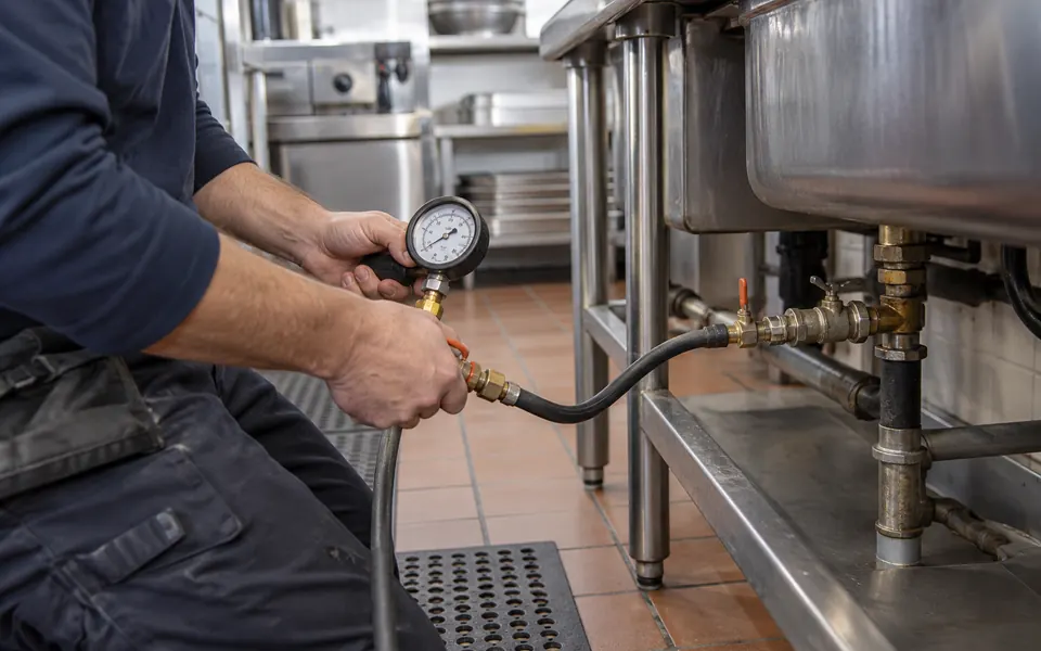 Commercial leak detection Plainfield IL tech testing a water line in a restaurant kitchen