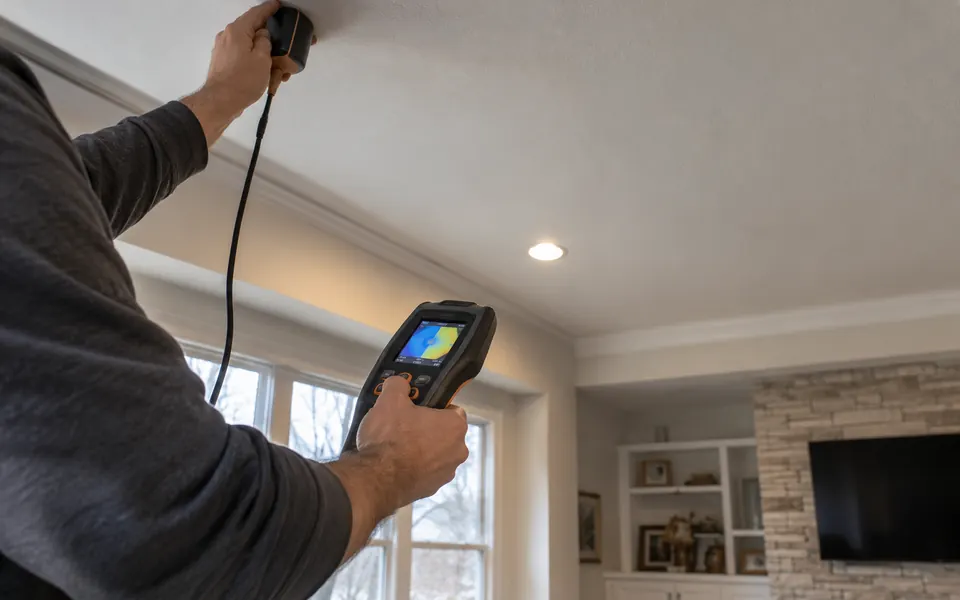 Leak detection Grande Park Plainfield tech scanning a family room ceiling under an upstairs bath
