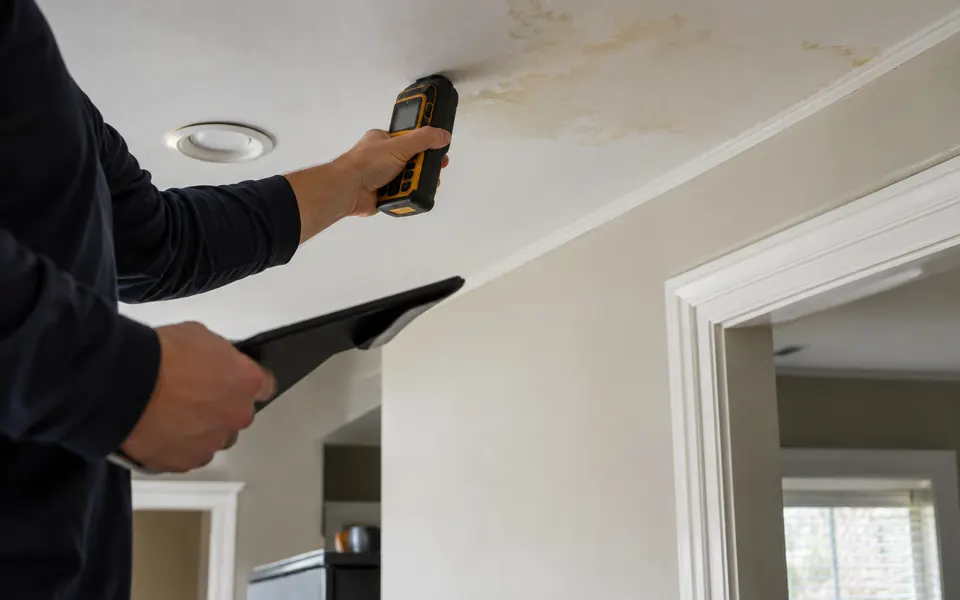 HOA leak detection Plainfield IL tech taking moisture readings in a townhome ceiling