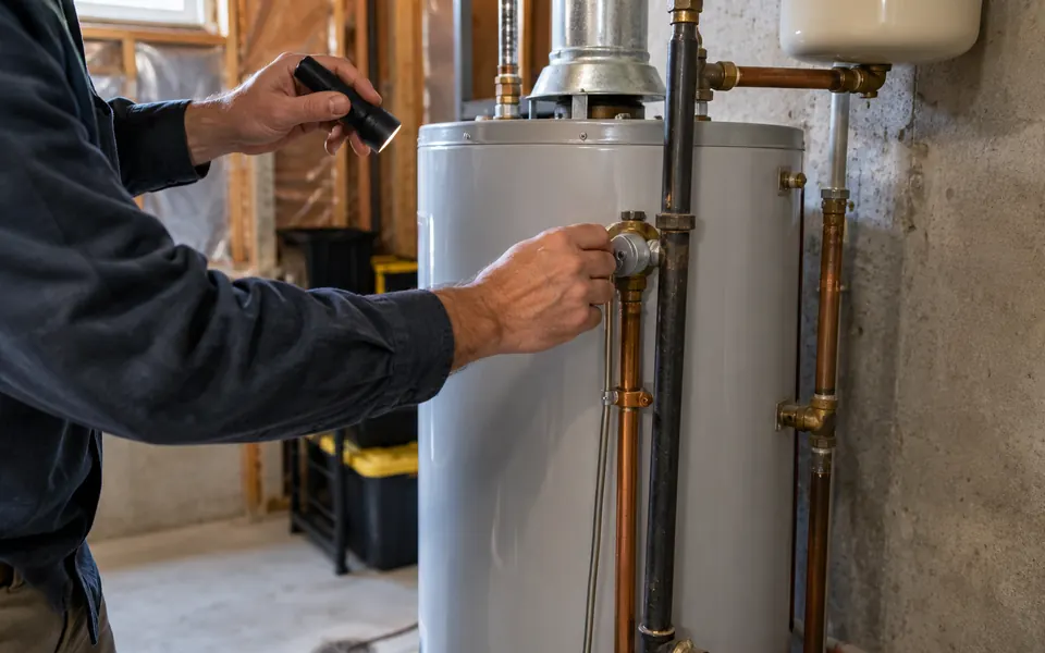 Home buyer leak inspection Plainfield tech checking a water heater in a basement during a showing