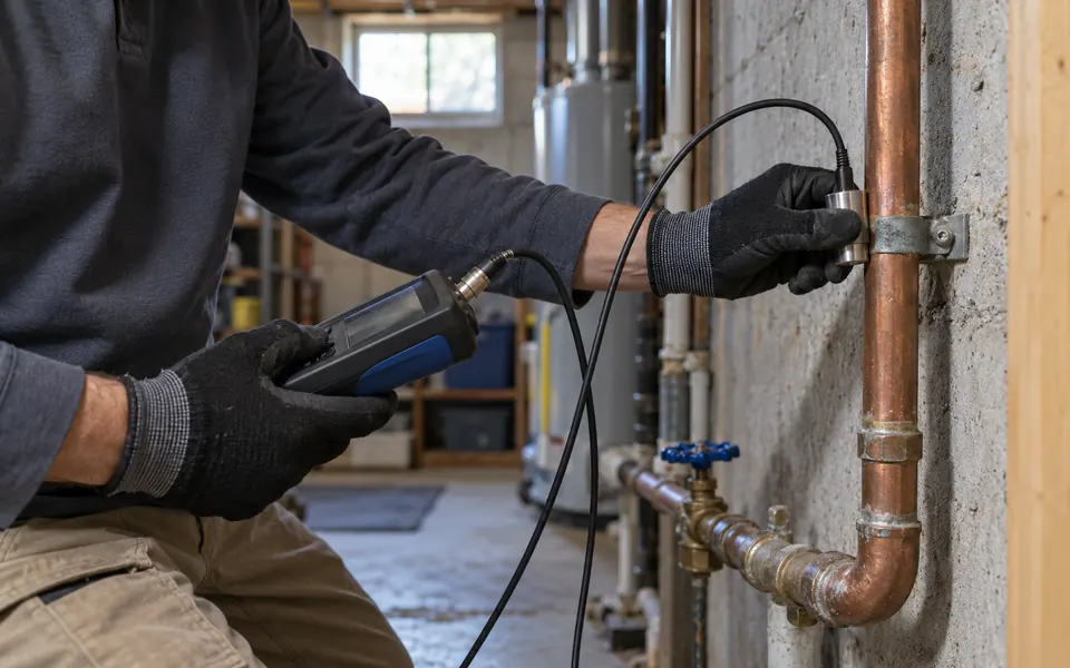 Leak detection Plainfield IL tech running an acoustic test on a home water line
