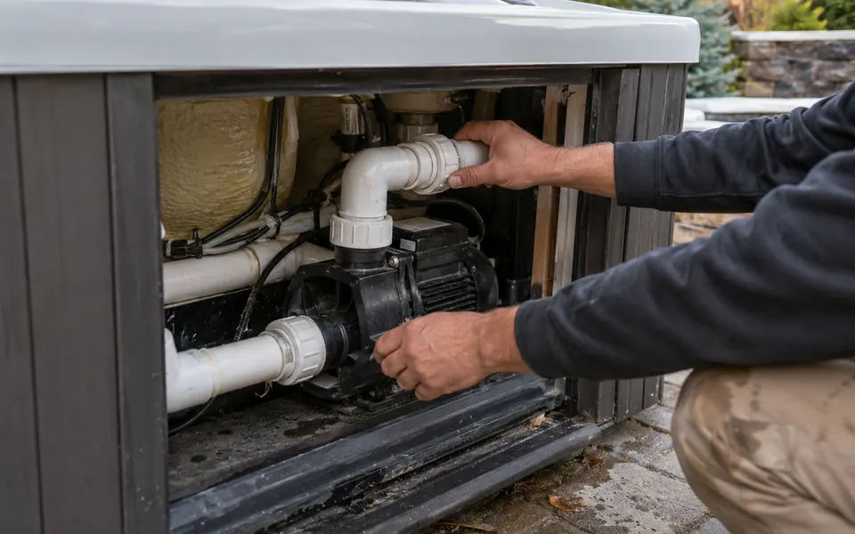 Hot tub leak detection Plainfield tech inspecting the pump and unions inside a spa cabinet