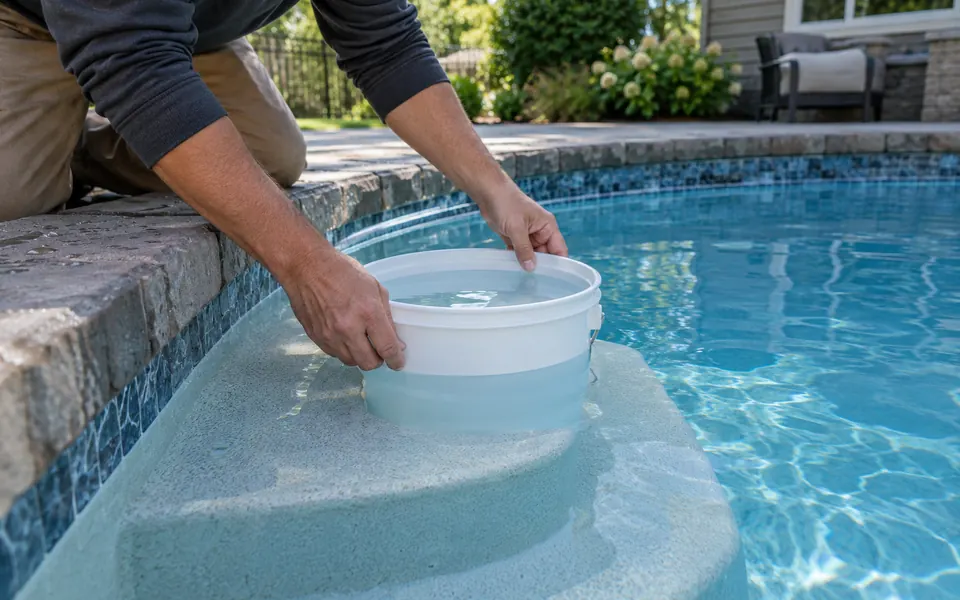 Leak detection Lakelands Club Plainfield bucket test on a backyard pool step