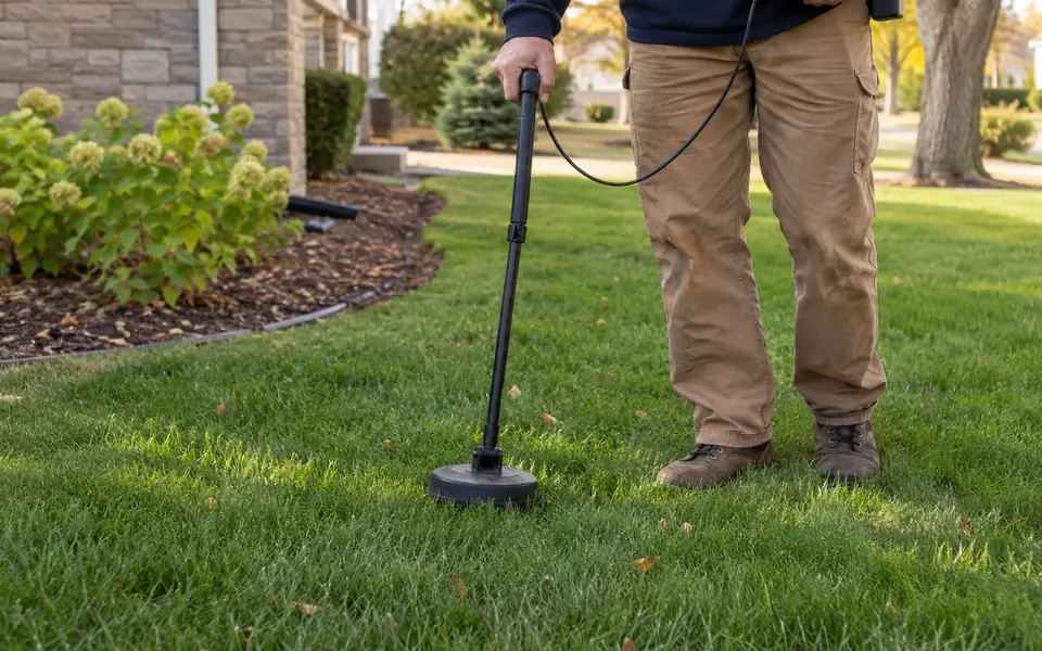 Leak detection Minooka IL tech using a ground microphone over a long yard line