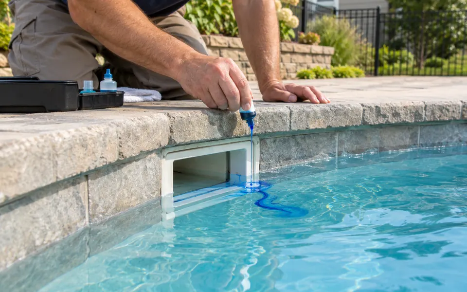 Leak detection Oswego IL tech dye testing a pool skimmer in a Kendall County backyard