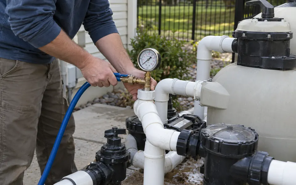 Pool plumbing leak detection Plainfield tech pressure testing a return line at the equipment pad