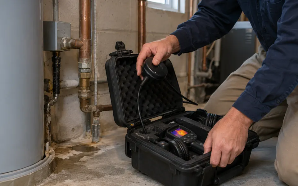 All leak detection services Plainfield technician staging acoustic and thermal equipment