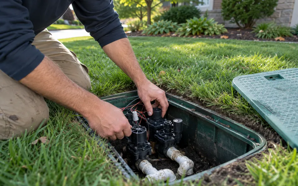 Sprinkler leak detection Plainfield IL tech checking a zone valve box in a front lawn