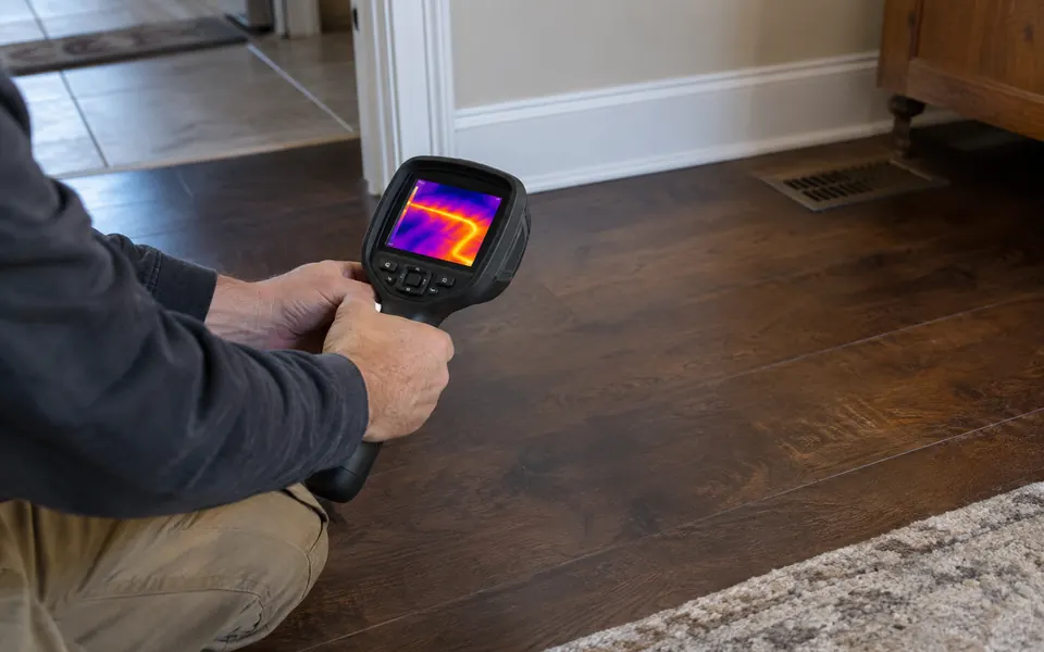 Thermal imaging leak detection Plainfield infrared image of a warm water line under a floor
