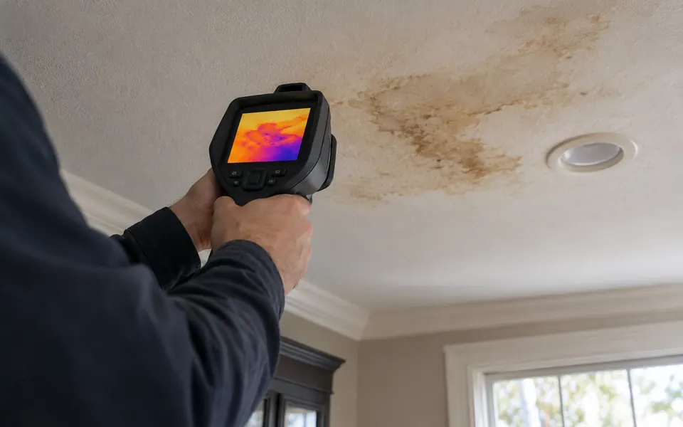 Water leak detection Plainfield IL tech scanning a stained ceiling with a thermal camera