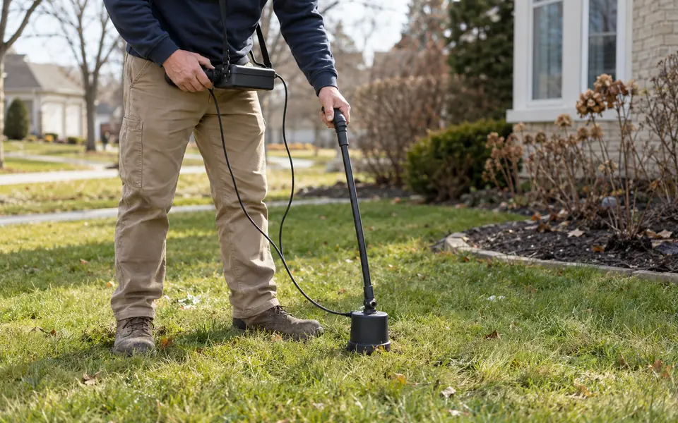 Water line leak detection Plainfield IL tech using a ground microphone over a front yard service line