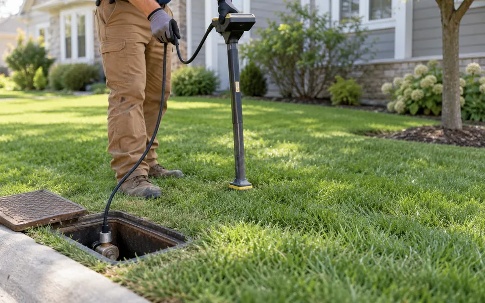 Water service line leak detection Plainfield tech tracing a line from the curb box to the house